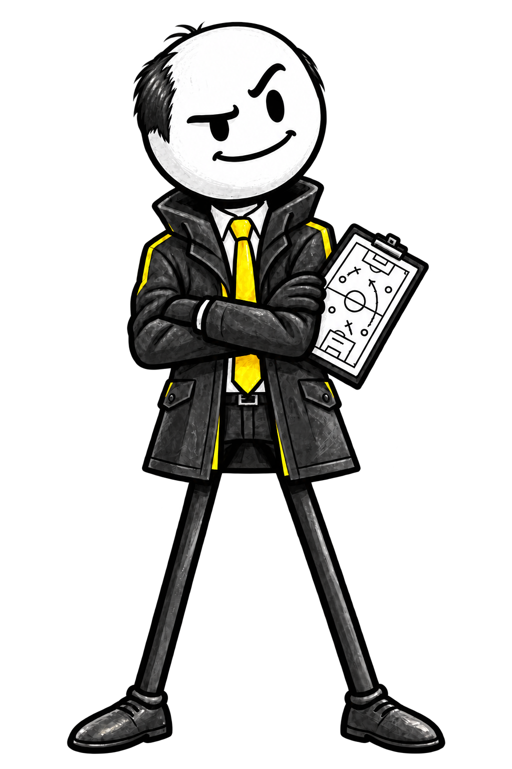 Cartoon football manager with a receding hairline holding a tactics board