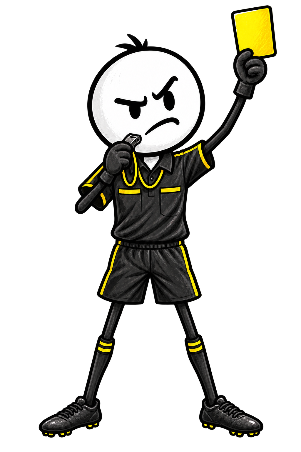 Cartoon football referee showing a fully raised yellow card